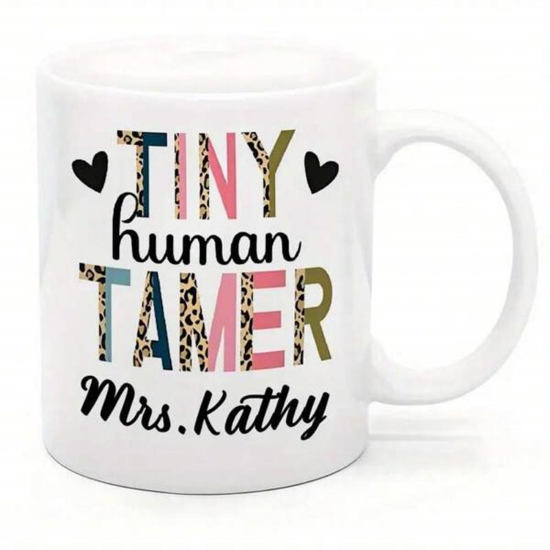 Tailorly White Ceramic 11 oz Mug - Tiny Human Tamer Mrs Kathy Minimalist Black Hearts Flanking Leopard Print Text On A