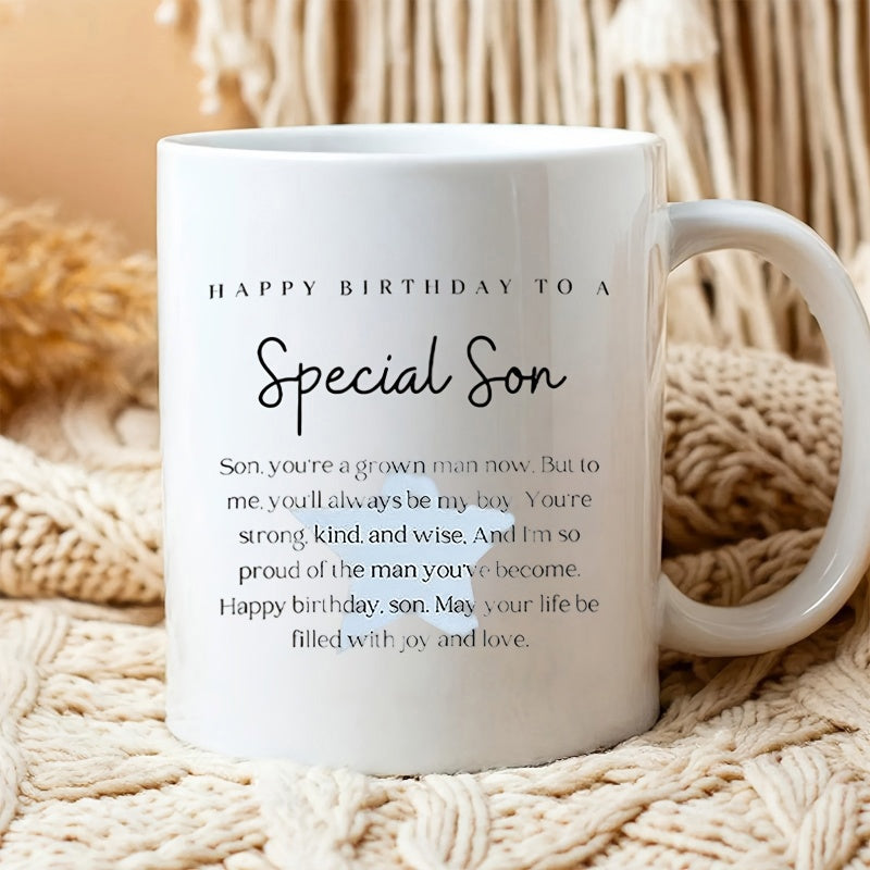 Tailorly White Ceramic 11 oz Mug - Happy Birthday To A Special Son Featuring Black Script Text With Faded Blue Star Decoration Mug