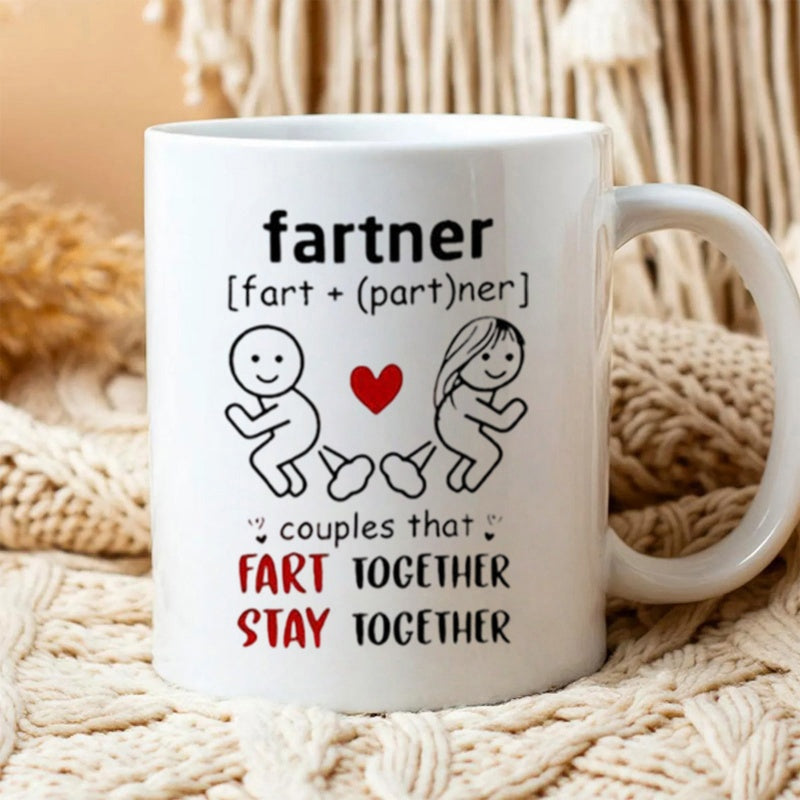 Tailorly White Ceramic 11 oz Mug - Fartner Fart Partner Couples That Fart Together Stay Together Hand Drawn Illustration Featuring A Squatting Line Art Cartoon