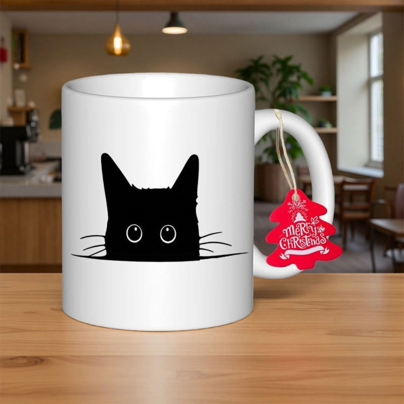 Tailorly White Ceramic 11 oz Mug - Merry Christmas Curious Black Peeking Silhouette Kitten With Large Round Eyes Sitting Cat