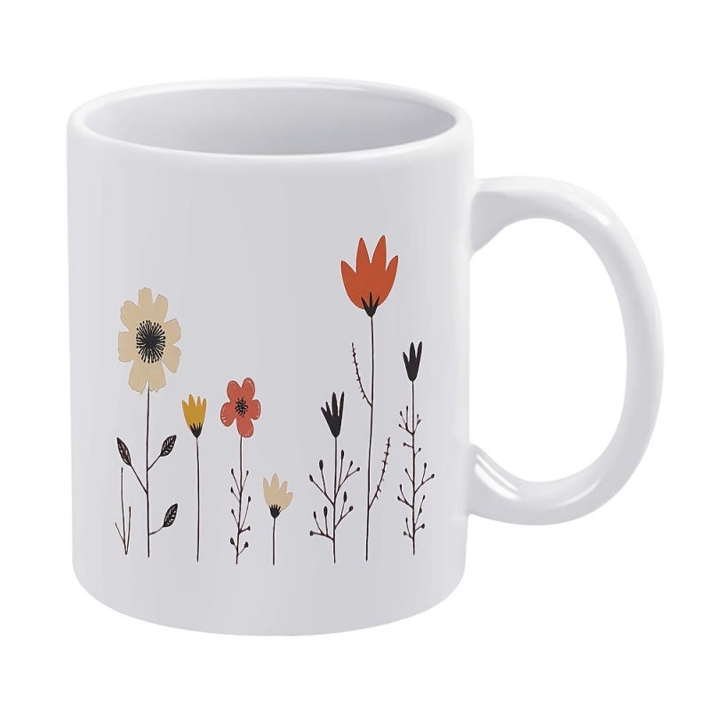 Tailorly White Ceramic 11 oz Mug - Minimalist Hand Drawn Wildflowers Blooming In Earthy Colors Flower