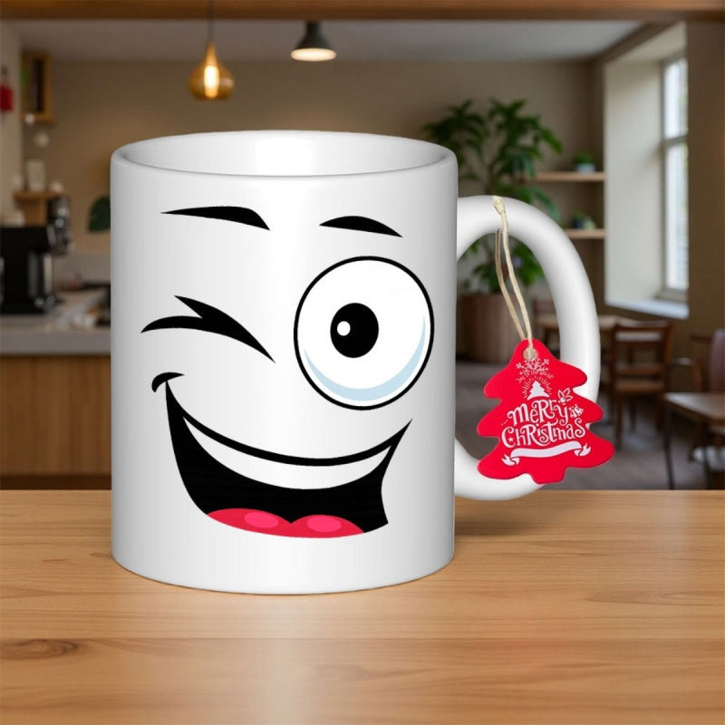 Tailorly White Ceramic 11 oz Mug - Merry Christmas Funny Cartoon Expression With A Big Winking Eye And Joyful Wide Smile Face