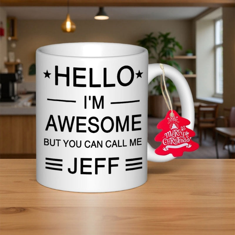 Tailorly White Ceramic 11 oz Mug - Hello I'm Awesome But You Can Call Me Jeff Minimalistic Black Text Design With Decorative Stars And Horizontal Lines Mug