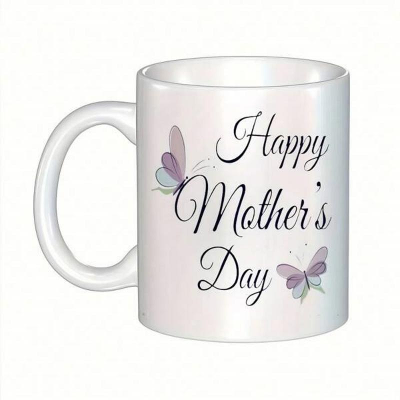 Tailorly White Ceramic 11 oz Mug - Happy Mothers Day Two Delicate Pastel Butterflies Fluttering Around Elegant Script Greetings Butterfly