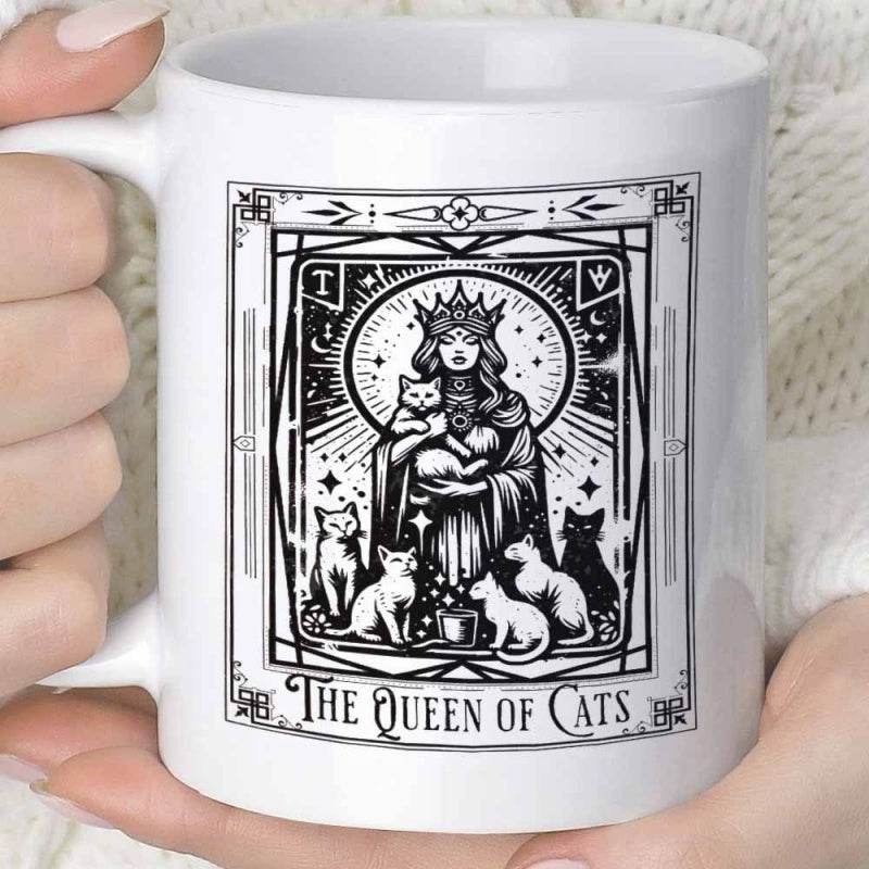 Tailorly White Ceramic 11 oz Mug - The Queen Of Cats Ornate Tarot Style Illustration Featuring Crowned Lady Holding Mystical Feline Queen