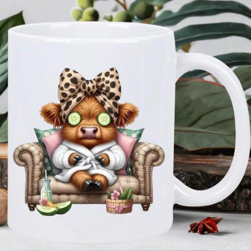 Tailorly White Ceramic 11 oz Mug - Fluffy Highland Cow Wearing Leopard Bow And Bathrobe Enjoying Relaxing Spa Cow