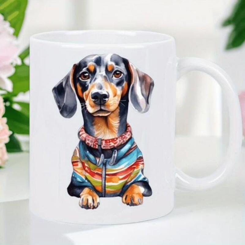 Tailorly White Ceramic 11 oz Mug - Adorable Watercolor Style Wearing Vibrant Multicolored Striped Cozy Knitted Sweater Dachshund