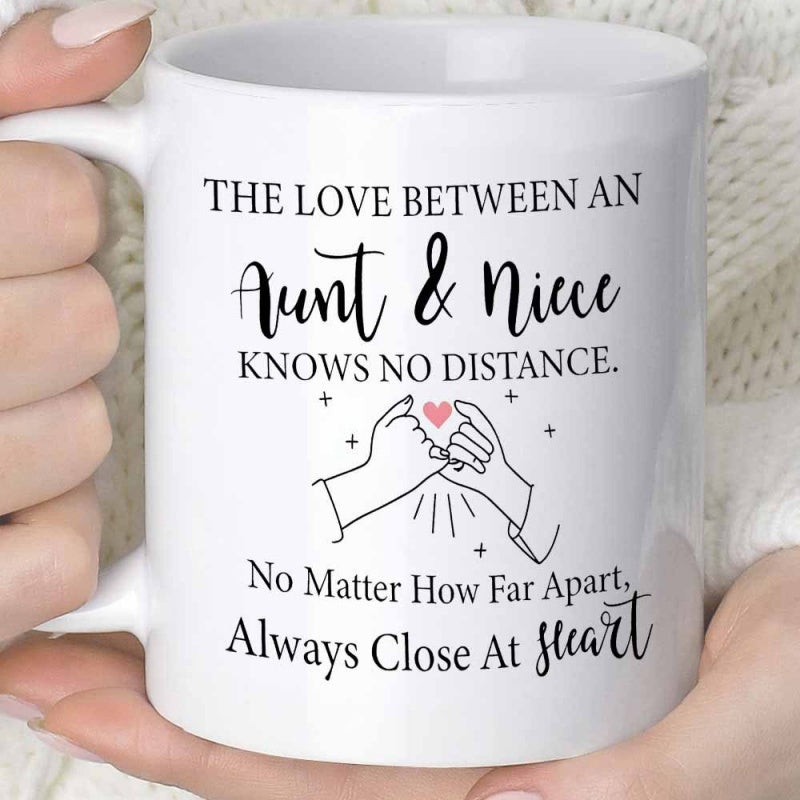 Tailorly White Ceramic 11 oz Mug - The Love Between An Aunt Niece Knows No Distance No Matter How Far Apart Always Close At Heart Minimalist Line Art Pinky Promise