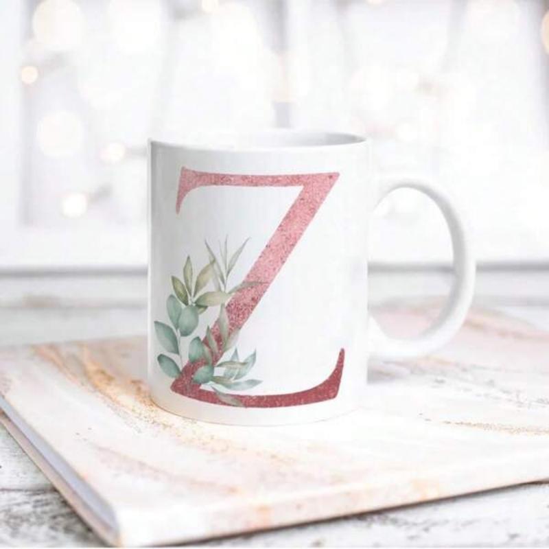 Tailorly White Ceramic 11 oz Mug - Z Pink Watercolor Texture Decorated With Elegant Green Botanical Leaves Monogram Z