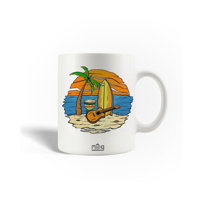 Tailorly White Ceramic 11 oz Mug - Vibrant Tropical Sunset Over Calm Ocean With Guitar And Surfboard Landscape