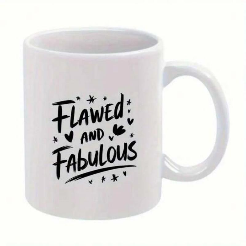 Tailorly White Ceramic 11 oz Mug - Flawed And Fabulous Artistic Script Style With Tiny Hearts And Twinkling Stars Quote