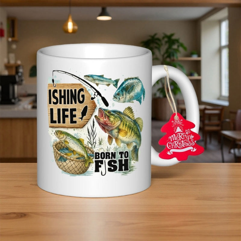 Tailorly White Ceramic 11 oz Mug - Fishing Life Born To Fish Artistic Watercolor Bass And Trout Among Fishing Gear And Sign Fish