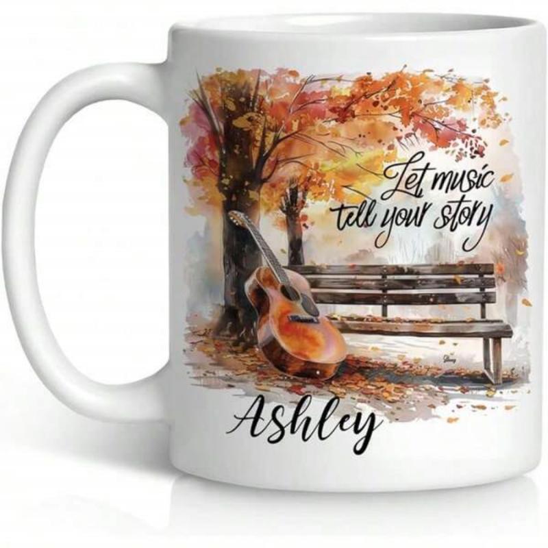 Tailorly White Ceramic 11 oz Mug - Let Music Tell Your Story Ashley Watercolor Autumn Trees With Falling Leaves Beside A Wooden Park Bench Cello
