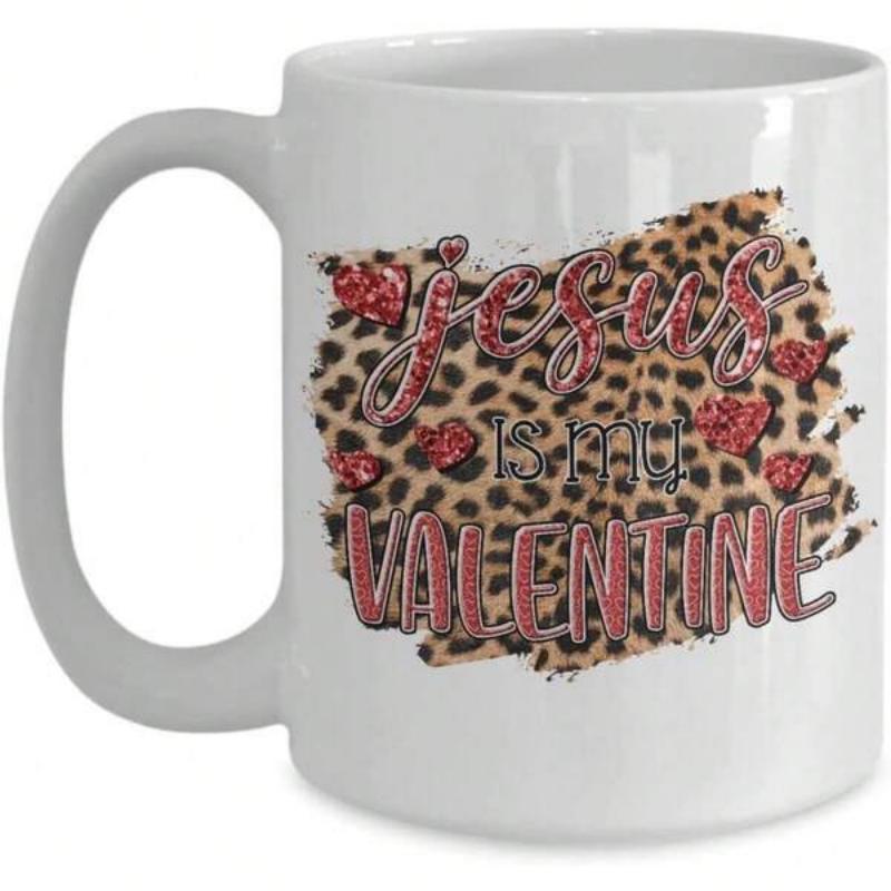 Tailorly White Ceramic 11 oz Mug - Jesus Is My Valentine Vibrant Red Glittery Hearts Surrounded By Stylish Wild Leopard Print Pattern Heart