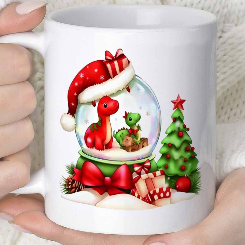 Tailorly White Ceramic 11 oz Mug - Festive Christmas Snow Globe Featuring Cute Red And Green Holiday Dinosaur