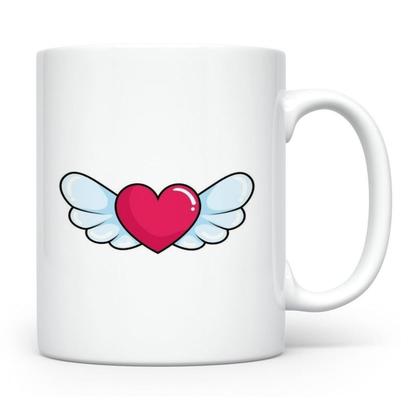 Tailorly White Ceramic 11 oz Mug - Vibrant Red Heart With Delicate White Feathery Wings Flying Heart