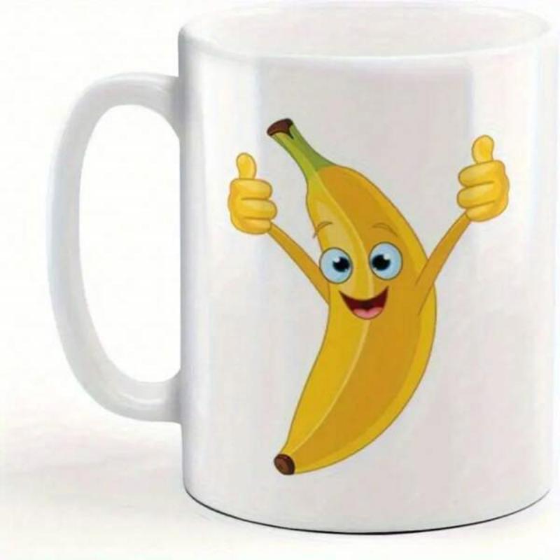 Tailorly White Ceramic 11 oz Mug - Happy Smiling Yellow Cartoon Fruit Character Giving Double Thumbs Up Banana
