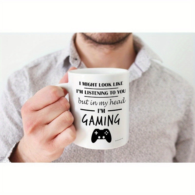 Tailorly White Ceramic 11 oz Mug - I Might Look Like I'm Listening To You But In My Head I'm Gaming Minimalist Black Console Silhouette Representing Digital