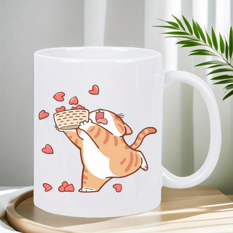 Tailorly White Ceramic 11 oz Mug - Chibi Ginger Tabby Holding Wicker Basket With Floating Red Love Hearts Cat