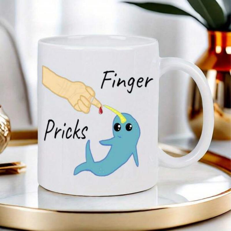 Tailorly White Ceramic 11 oz Mug - Finger Pricks Cute Blue Cartoon Sea Creature Poking Human Finger Pointy Horn Narwhal