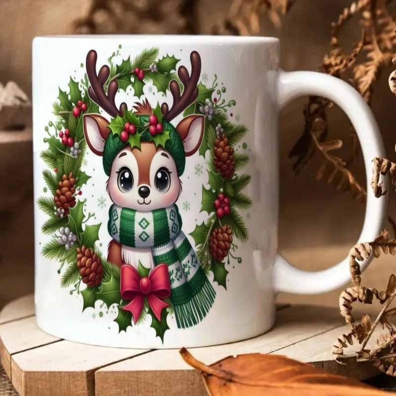 Tailorly White Ceramic 11 oz Mug - Adorable Festive Wearing Scarf Inside Lush Green Holly Christmas Wreath Reindeer