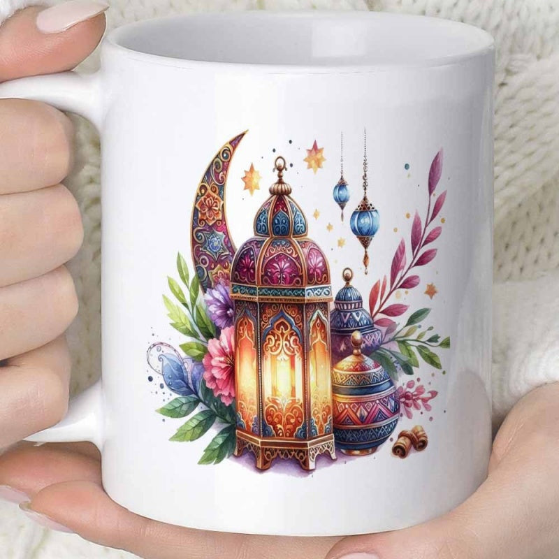 Tailorly White Ceramic 11 oz Mug - Intricate Glowing Middle Eastern Lamp With Colorful Flowers And Crescent Moon Lantern