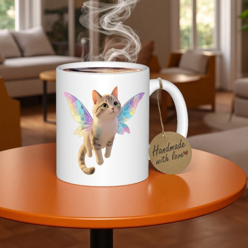 Tailorly White Ceramic 11 oz Mug - Handmade With Love Adorable Tiny Kitten Floating With Iridescent Shimmering Pastel Colored Wings Cat