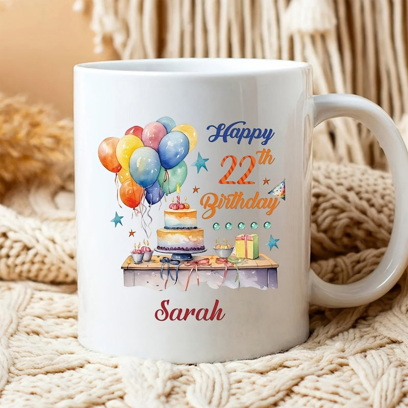 Tailorly White Ceramic 11 oz Mug - Happy 22nd Birthday Sarah Colorful Watercolor Elements Featuring Floating Balloons And A Celebratory Gift Cake