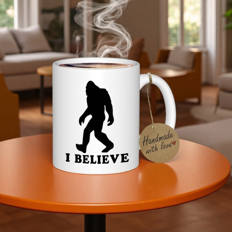 Tailorly White Ceramic 11 oz Mug - I Believe Walking Through The Wilderness Silhouette Of A Mythical Forest Creature Bigfoot