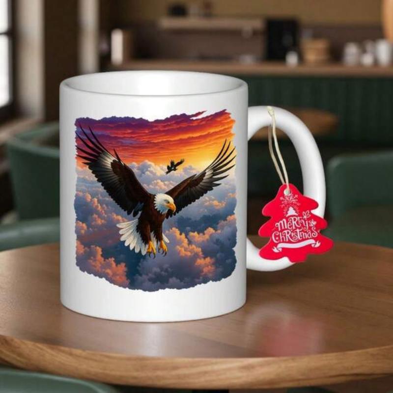 Tailorly White Ceramic 11 oz Mug - Majestic Bald Eagle Soaring Above Fluffy Clouds Under Vibrant Sunset Sky Eagle