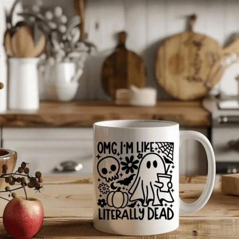 Tailorly White Ceramic 11 oz Mug - Omg Im Like Literally Dead Playful Halloween Theme With Skull Pumpkin Bat And Coffee Sipping Cute Ghost