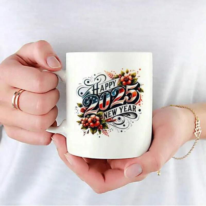 Tailorly White Ceramic 11 oz Mug - Happy New Year Floral Decorations With Patriotic Stars And Stripes Within Bold Numbers Design