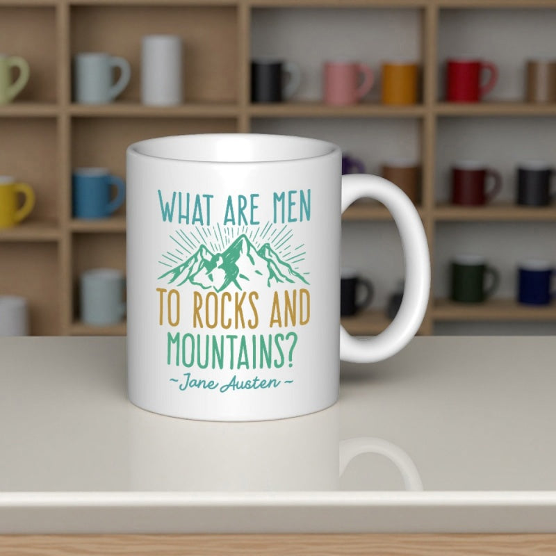 Tailorly White Ceramic 11 oz Mug - What Are Men To Rocks And Mountains Jane Austen Majestic Green Peaks With Radiant Sunbeams Rising Behind The Rugged Mountain