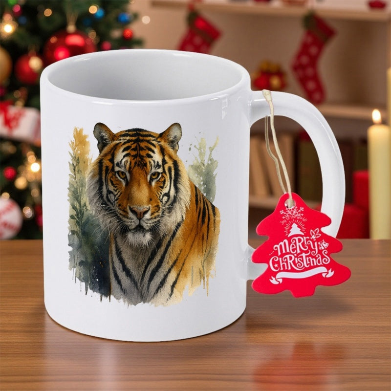 Tailorly White Ceramic 11 oz Mug - Merry Christmas Majestic Striped Predator Resting Amidst Soft Watercolor Greenery And Forest Foliage Tiger