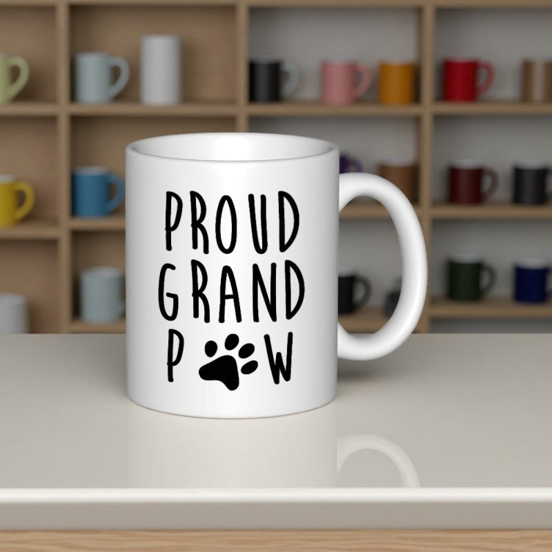 Tailorly White Ceramic 11 oz Mug - Proud Grand Paw Hand Drawn Minimalist Lettering Featuring A Small Black Animal Paw