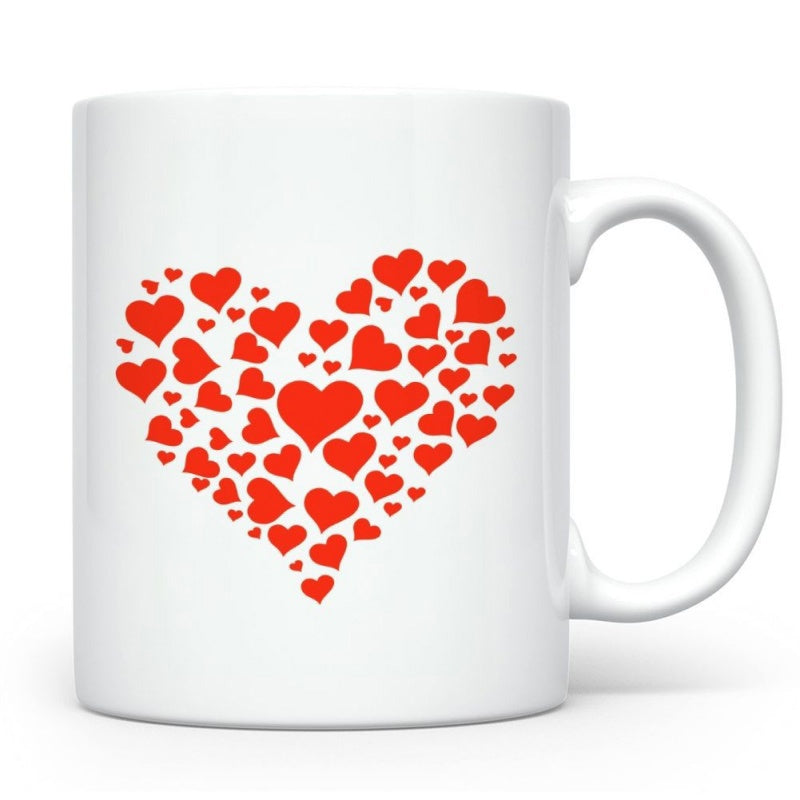 Tailorly White Ceramic 11 oz Mug - Vibrant Red Pattern Composed Of Multiple Tiny Floating Romantic Shapes Heart
