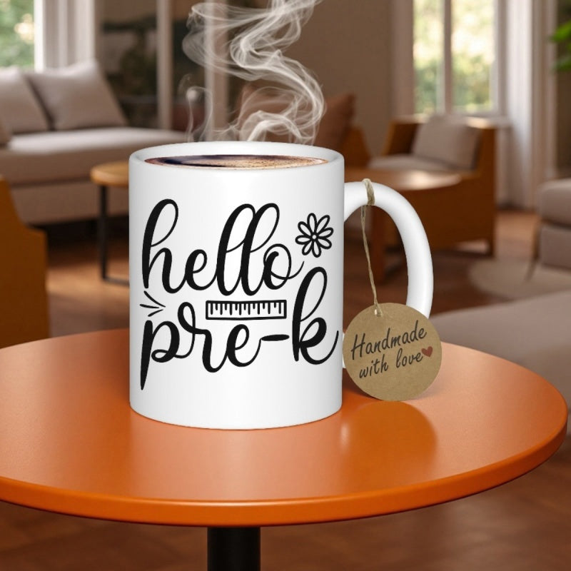 Tailorly White Ceramic 11 oz Mug - Hello Pre-K Elegant Script Lettering With Small Daisy And Ruler Motif On