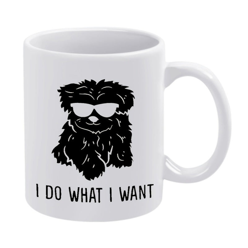 Tailorly White Ceramic 11 oz Mug - I Do What I Want Black Silhouette Fluffy Puppy Wearing White Sunglasses And Sitting Calmly Dog