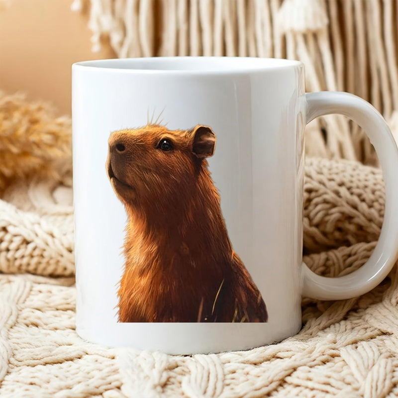 Tailorly White Ceramic 11 oz Mug - Fluffy Brown Fur Sitting Peacefully Among Warm Soft Cozy Textures Capybara