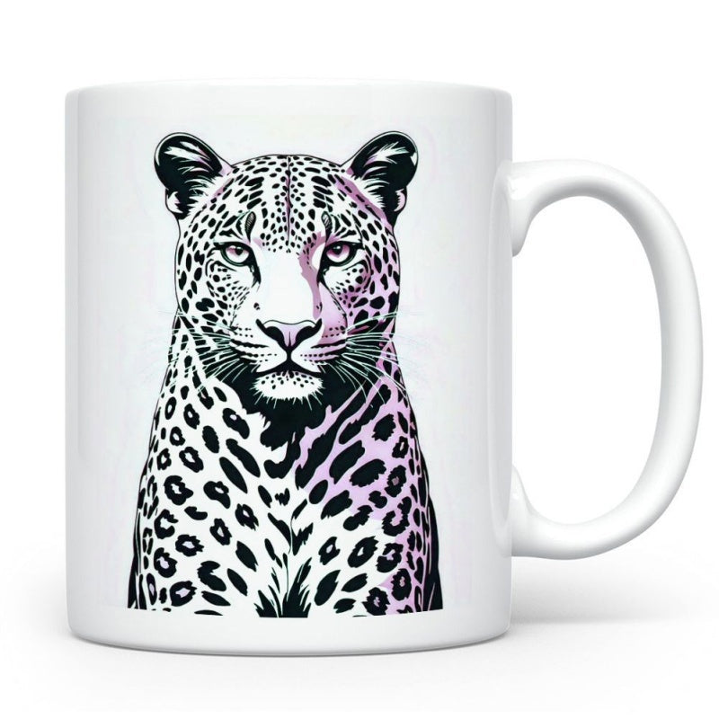 Tailorly White Ceramic 11 oz Mug - Majestic Wild Feline With Artistic Pink Shading And Black Detailed Patterns Leopard
