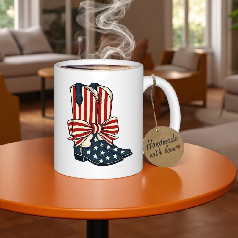 Tailorly White Ceramic 11 oz Mug - American Flag Patriotic Design With Red White Stripes And Stars On Cowgirl Boots