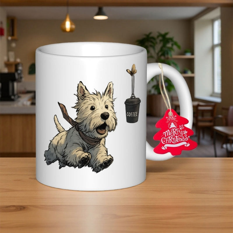 Tailorly White Ceramic 11 oz Mug - Merry Christmas Playful Fluffy White Dog Jumping With Joy Near A Small Beverage Cup Terrier