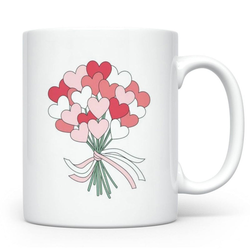 Tailorly White Ceramic 11 oz Mug - Colorful Heart Shapes Bundled With Green Stems And Delicate Ribbons Bouquet