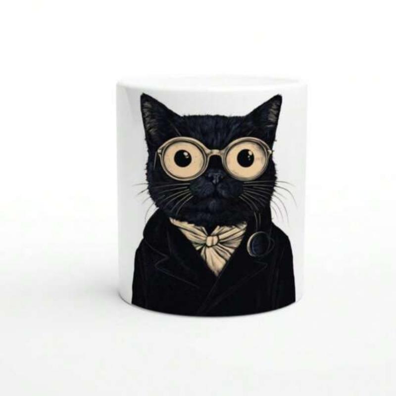 Tailorly White Ceramic 11 oz Mug - Sophisticated Gentleman In Vintage Attire Wearing Large Round Glasses Cat