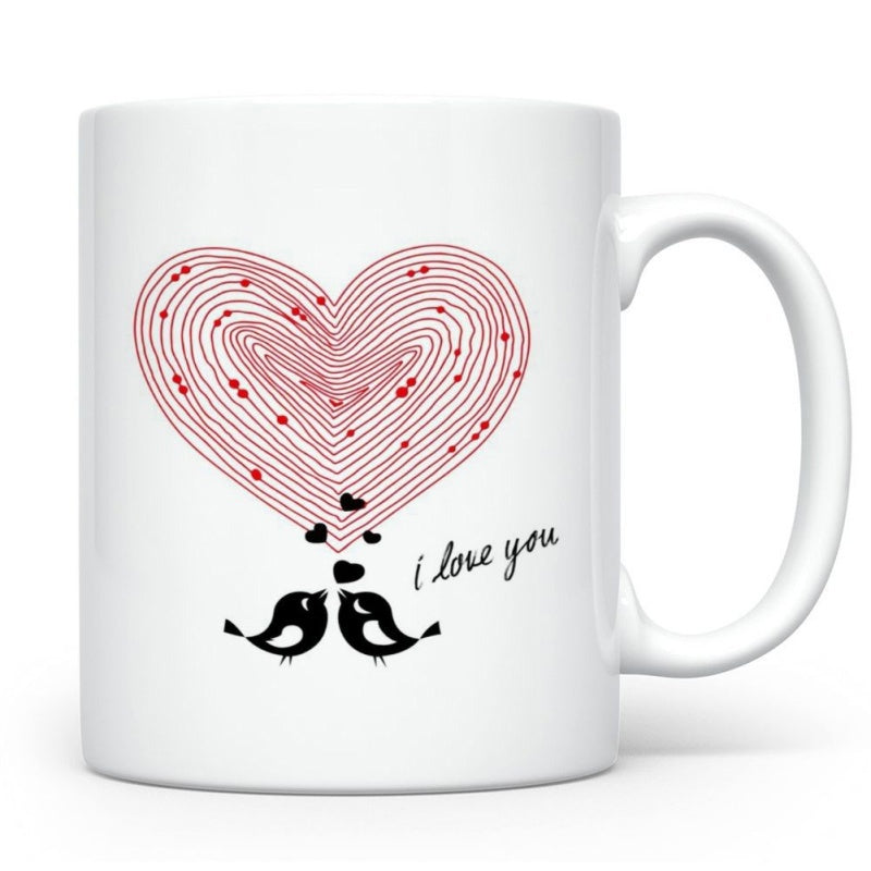 Tailorly White Ceramic 11 oz Mug - I Love You Red Concentric Line Heart Above Two Little Black Kissing Birds