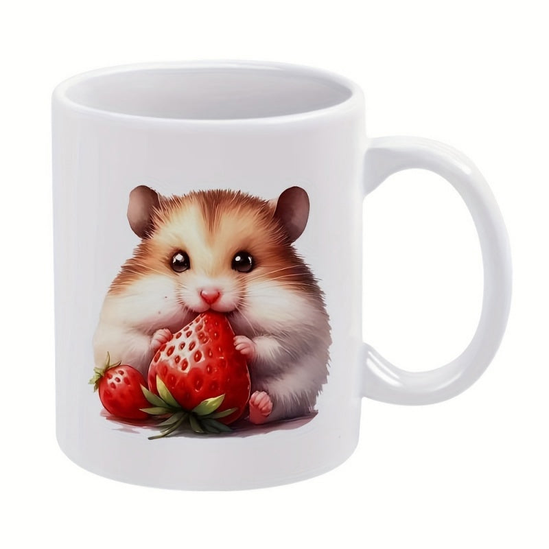 Tailorly White Ceramic 11 oz Mug - Adorable Fluffy Little Creature Eating A Fresh Ripe Red Juicy Strawberry Hamster