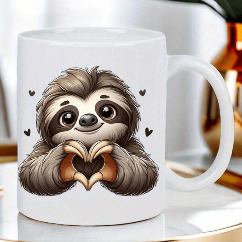 Tailorly White Ceramic 11 oz Mug - Cute Brown Furry Sloth Making A Heart Shape With Hands Sloth