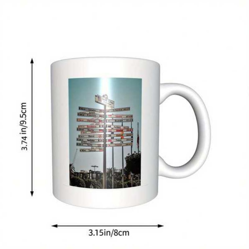 Tailorly White Ceramic 11 oz Mug - Multiple Directional Road Signs Standing Tall Against A Clear Bright Sky Signpost
