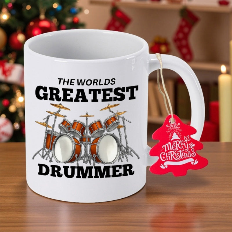 Tailorly White Ceramic 11 oz Mug - The Worlds Greatest Drummer Detailed Professional Musical Instrument Set Featuring Cymbals And Polished Copper Finish Drum Kit