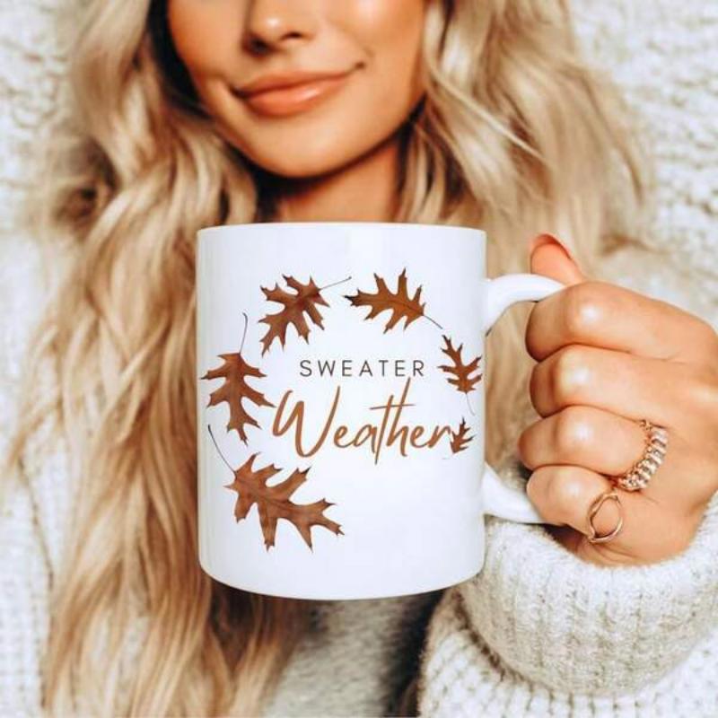 Tailorly White Ceramic 11 oz Mug - Sweater Weather Brown Autumn Oak Leaves Forming A Decorative Circular Wreath Pattern Leaves
